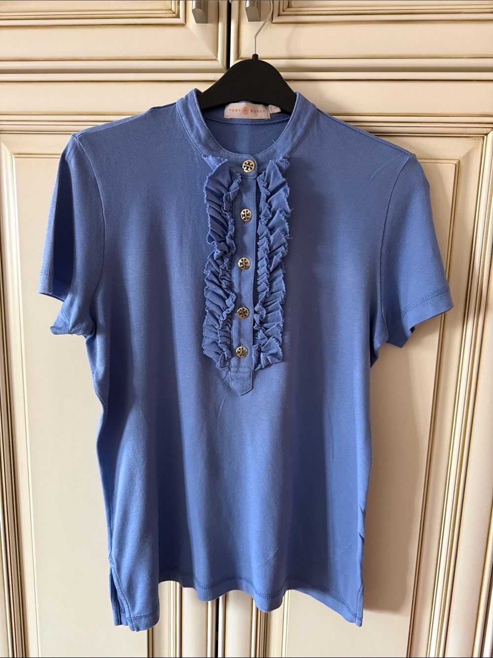 Tory Burch Periwinkle Ruffle-Front Short Sleeve Top